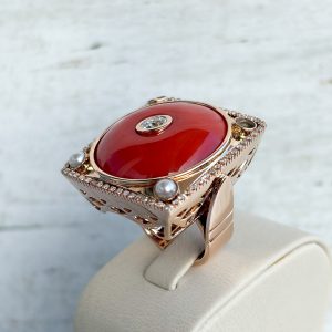 Gelbgold Ring mit 1,3 ct Brillanten und Korallenstein 18k 750 Gelbgold 18,4 mm Ring Damen