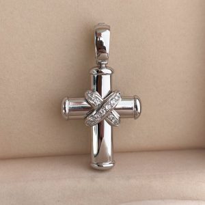 Kreuz Anhänger 18k Gold 0,35 ct. Diamanten Art Deco Stil Weißgold Damen
