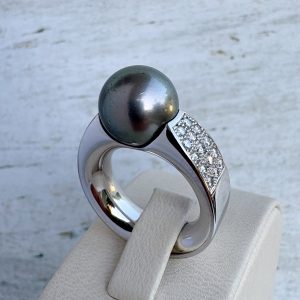 Goldring mit 0,50 ct Diamanten und Tahiti Perle 18k 750 Weißgold 17,2 mm Ring Damen