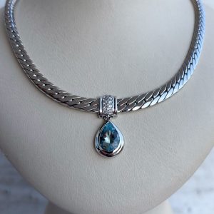 Weißgold Collier Kette mit Anhänger 42 cm 14k 585 Gold mit Brillanten Aqua 0,30 ct. Damen