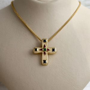 Gelbgold Kette mit Kreuz Anhänger 18k 750 Gold mit Smaragd und Rubin