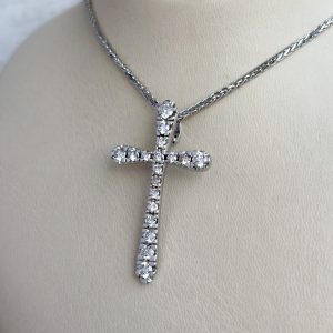 Weißgold Kreuz Kette mit Anhänger 18k 750 Gold mit Diamanten 1,65 ct. Handarbeit