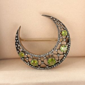 Brosche 14k Gold mit Diamanten und Peridot Halbmond Schmuck Damen