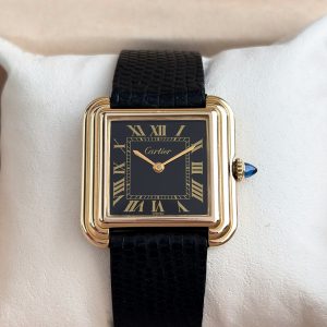 Cartier Stepped Tank Gold Plated 1100055 Black Dial 27,5mm Handaufzug Vergoldet Damenuhr